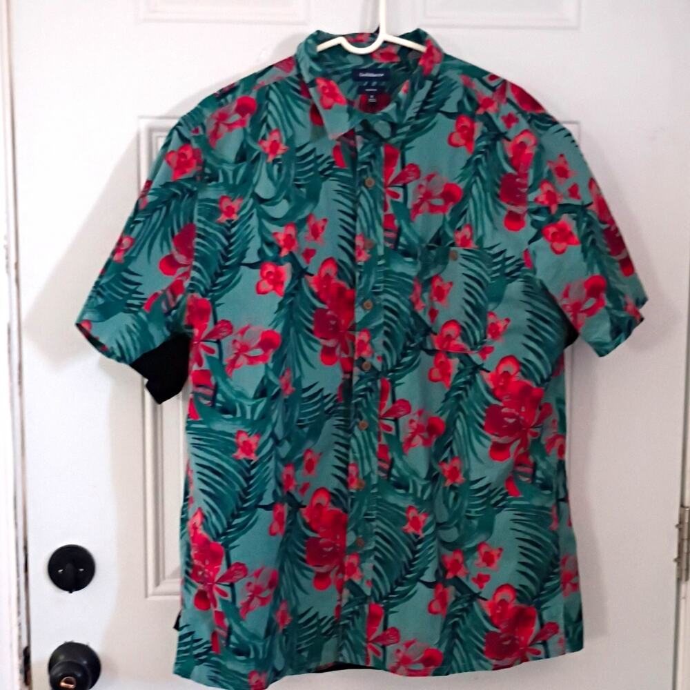 Croft & Barrow Men’s XL Tropical Floral Stretch Short Sleeve Button-Up Teal/Red
